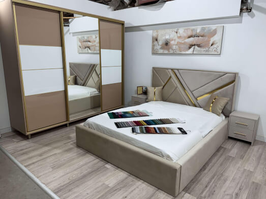 Set dormitor cu pat tapitat 160 x 200, dressing și 2 noptiere &ndash; model AXIS